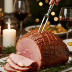 The whole, homemade, impressive, and glazed Spiral-Cut Ham being served as the centerpiece at a fun and sophisticated Christmas party.