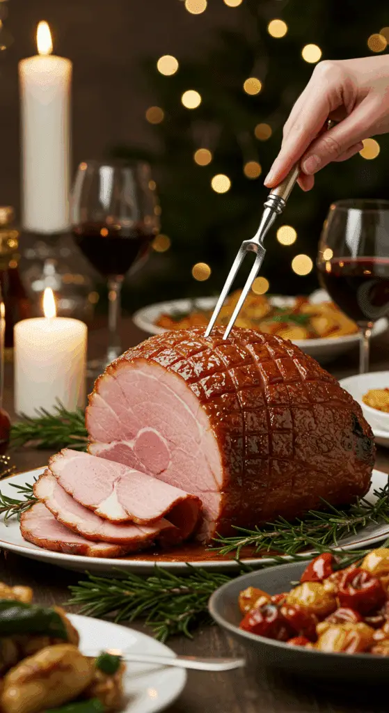 The whole, homemade, impressive, and glazed Spiral-Cut Ham being served as the centerpiece at a fun and sophisticated Christmas party.