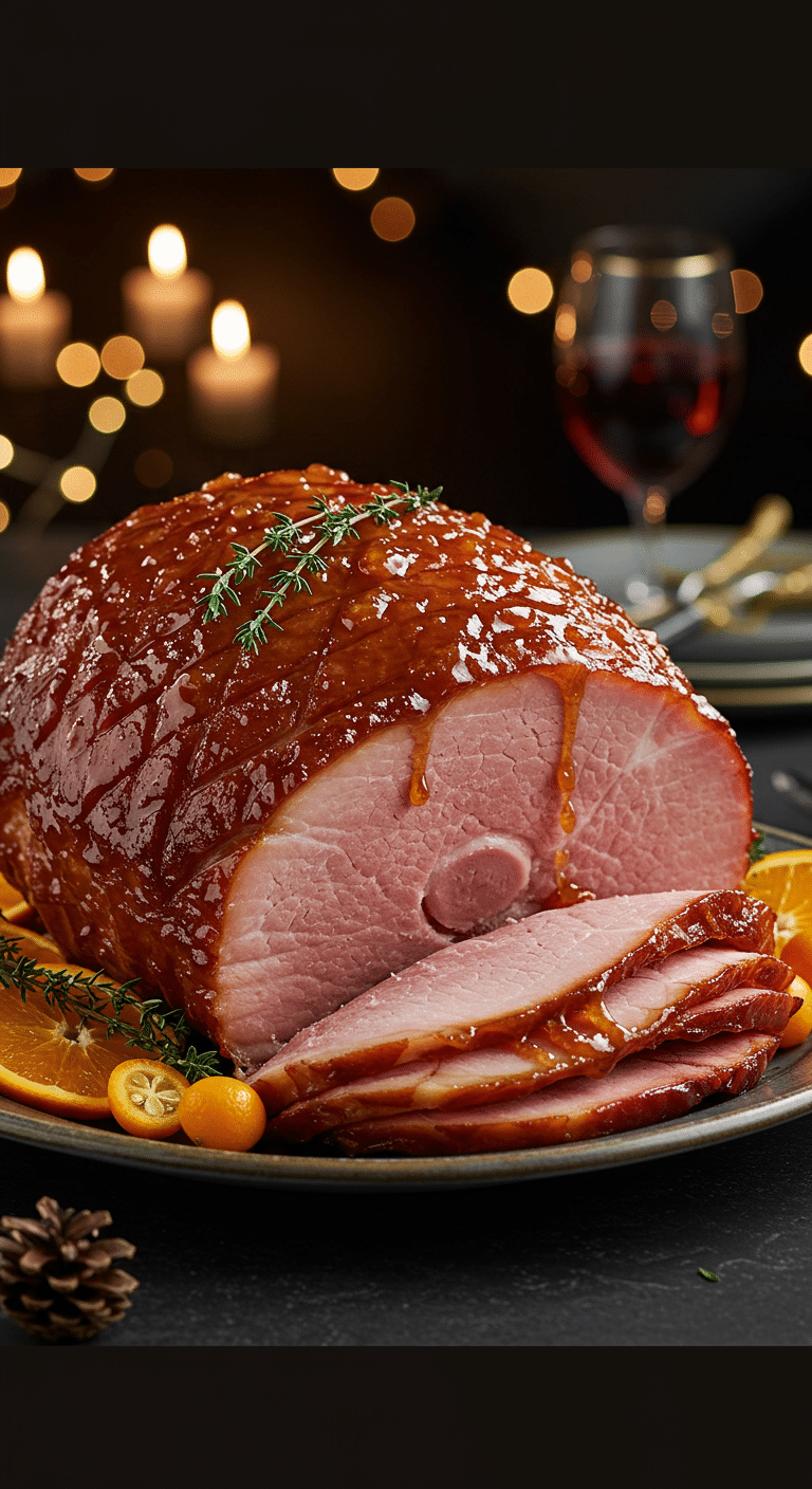 A beautiful, elegant platter with a homemade, juicy, and impressive Holiday Brown Sugar-Citrus Glazed Ham, with a glossy, dark glaze dripping down the spiral slices.