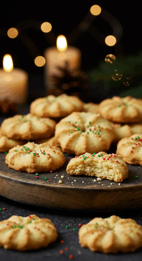 A beautiful, rustic platter of homemade, festive, and buttery Spritz Cookies, with one broken in half to show the tender, crumbly interior and the red and green sprinkle top.