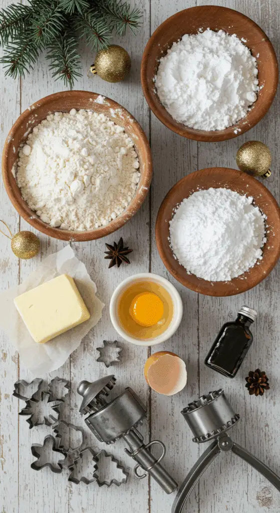 The simple, from-scratch ingredients for the classic and impressive Holiday Spritz Cookies.