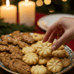 The impressive, homemade platter of beautiful and festive Spritz Cookies being served as the centerpiece on a cookie platter at a sophisticated Christmas party.