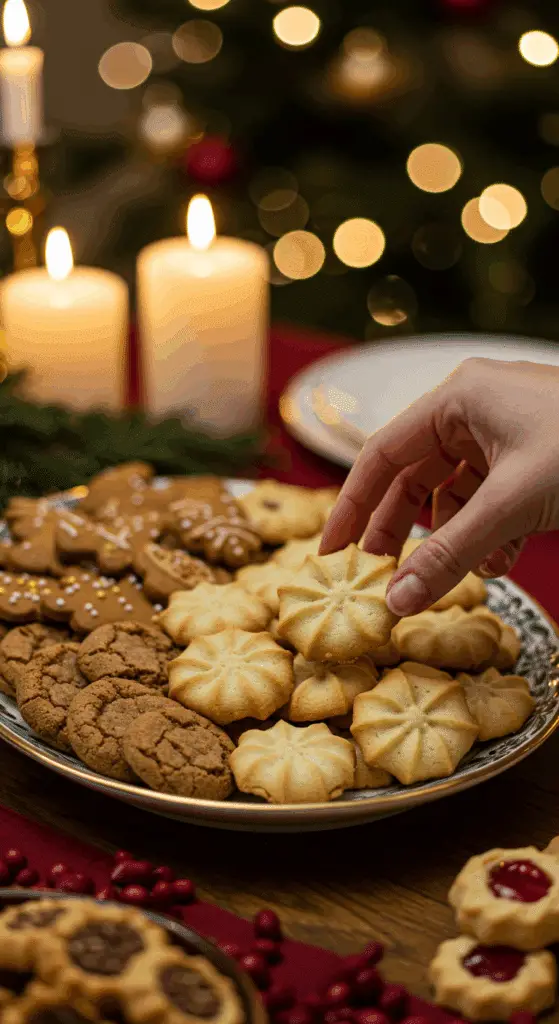 The impressive, homemade platter of beautiful and festive Spritz Cookies being served as the centerpiece on a cookie platter at a sophisticated Christmas party.