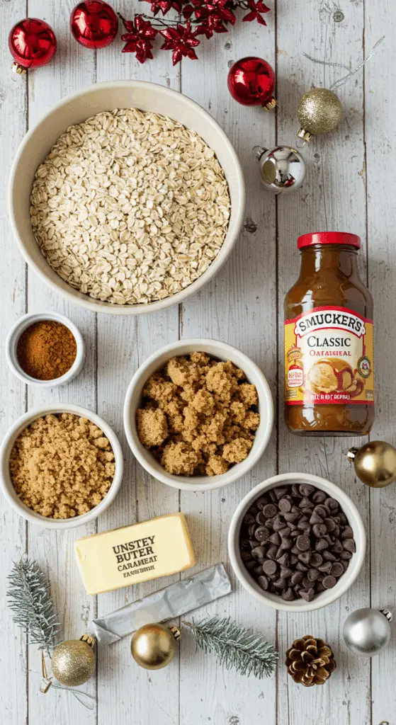 The simple, from-scratch ingredients for the classic and impressive Holiday "Granny's" Caramel-Oatmeal Bars.