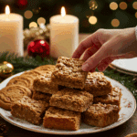 The impressive, homemade platter of beautiful and festive "Granny's" Caramel-Oatmeal Bars being served as the centerpiece on a cookie platter at a sophisticated Christmas party.