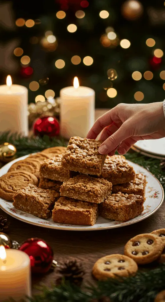 The impressive, homemade platter of beautiful and festive "Granny's" Caramel-Oatmeal Bars being served as the centerpiece on a cookie platter at a sophisticated Christmas party.