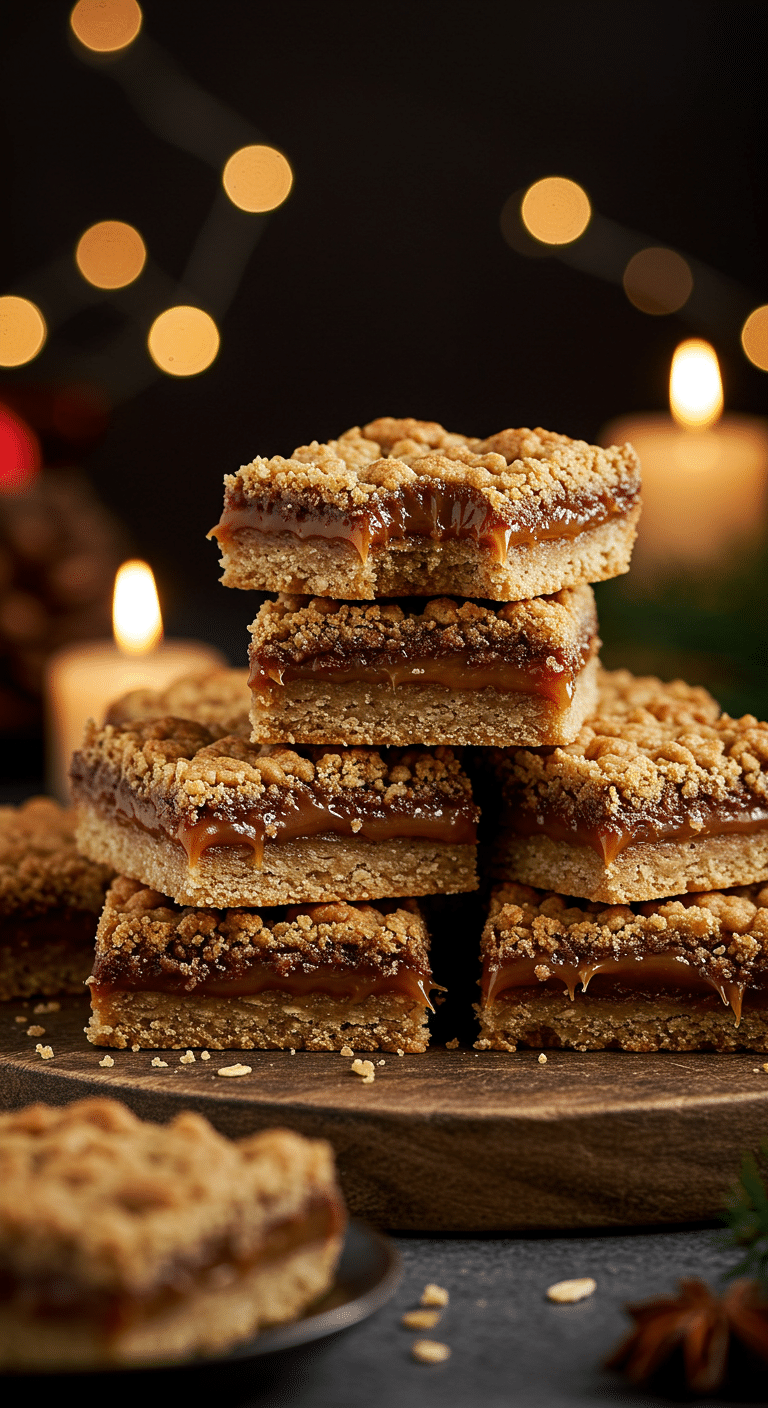 A beautiful, rustic platter of homemade, festive, and chewy "Granny's" Caramel-Oatmeal Bars, with one showing the gooey caramel and chocolate layers.