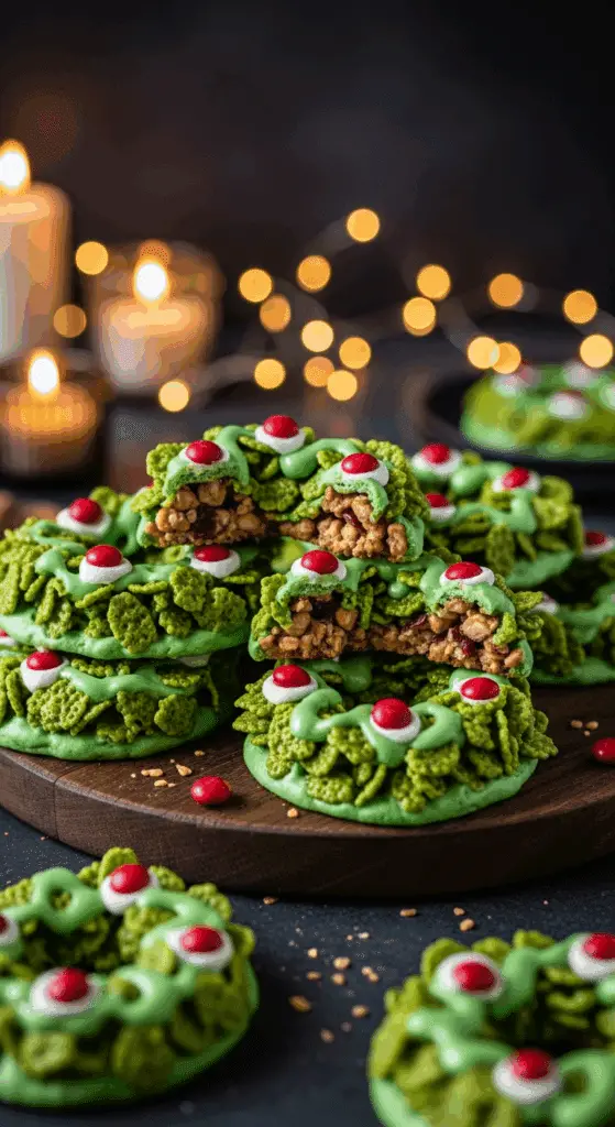 A beautiful, rustic platter of homemade, festive, and chewy "No-Bake" Christmas Wreath Cookies, with one broken in half to show the chewy, cornflake-packed interior.