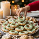The impressive, homemade platter of beautiful and festive "No-Bake" Christmas Wreath Cookies being served as the centerpiece on a cookie platter at a sophisticated Christmas party.