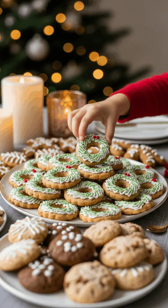 The impressive, homemade platter of beautiful and festive "No-Bake" Christmas Wreath Cookies being served as the centerpiece on a cookie platter at a sophisticated Christmas party.