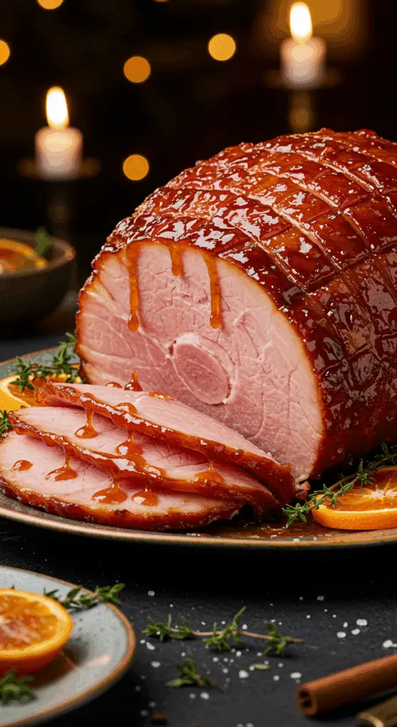 A beautiful, elegant platter with a homemade, juicy, and impressive Holiday Brown Sugar Glazed Ham, with a glossy, dark glaze dripping down the spiral slices.
