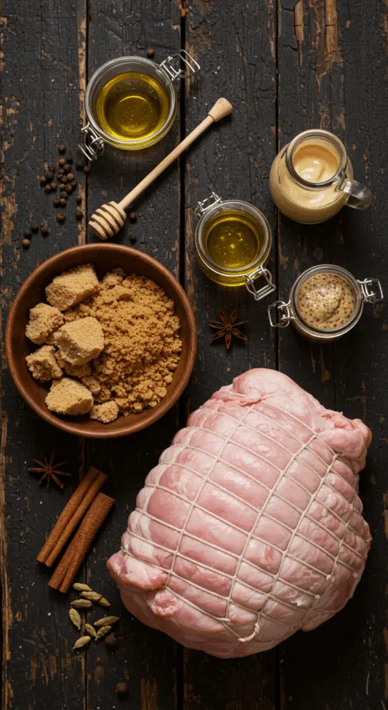 The simple, from-scratch ingredients for the classic and impressive Holiday Brown Sugar Glazed Ham.