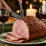 The whole, homemade, impressive, and glazed Brown Sugar Ham being served as the centerpiece at a fun and sophisticated Christmas party.