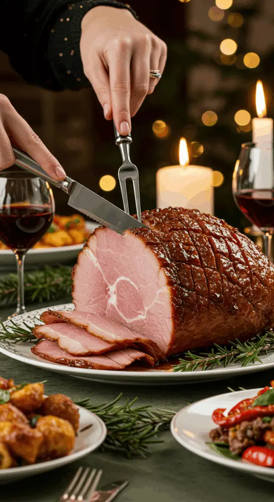 The whole, homemade, impressive, and glazed Brown Sugar Ham being served as the centerpiece at a fun and sophisticated Christmas party.