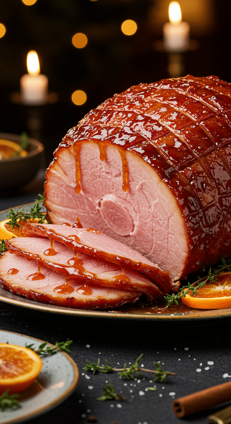 A beautiful, elegant platter with a homemade, juicy, and impressive Holiday Brown Sugar Glazed Ham, with a glossy, dark glaze dripping down the spiral slices.