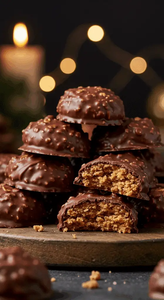 A beautiful, rustic platter of homemade, festive, and chewy "Grandma's" No-Bake Cookies, with one broken in half to show the chewy, oaty, and fudgy interior.