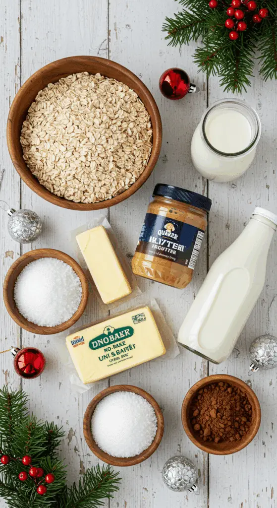 The simple, from-scratch ingredients for the classic and impressive Holiday "Grandma's" No-Bake Cookies.