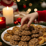 The impressive, homemade platter of beautiful and festive "Grandma's" No-Bake Cookies being served as the centerpiece on a cookie platter at a sophisticated Christmas party.