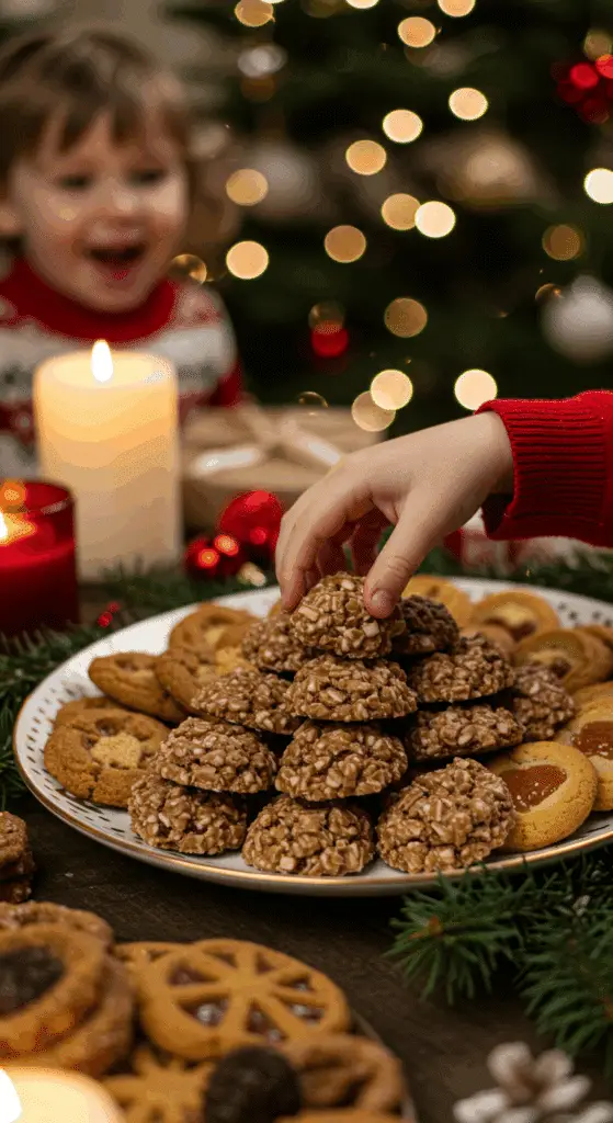 The impressive, homemade platter of beautiful and festive "Grandma's" No-Bake Cookies being served as the centerpiece on a cookie platter at a sophisticated Christmas party.