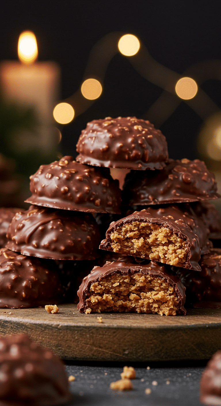 A beautiful, rustic platter of homemade, festive, and chewy "Grandma's" No-Bake Cookies, with one broken in half to show the chewy, oaty, and fudgy interior.