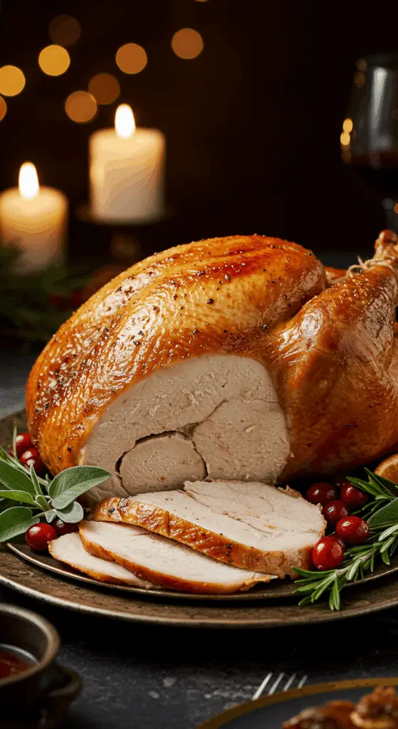 A beautiful, rustic platter with a homemade, juicy, and impressive Thanksgiving Turkey, with a crispy, golden-brown skin and a few thick, moist slices carved from the breast.