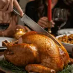 The whole, homemade, impressive, and golden-brown Roast Turkey being carved as the centerpiece at a fun and sophisticated Thanksgiving party.