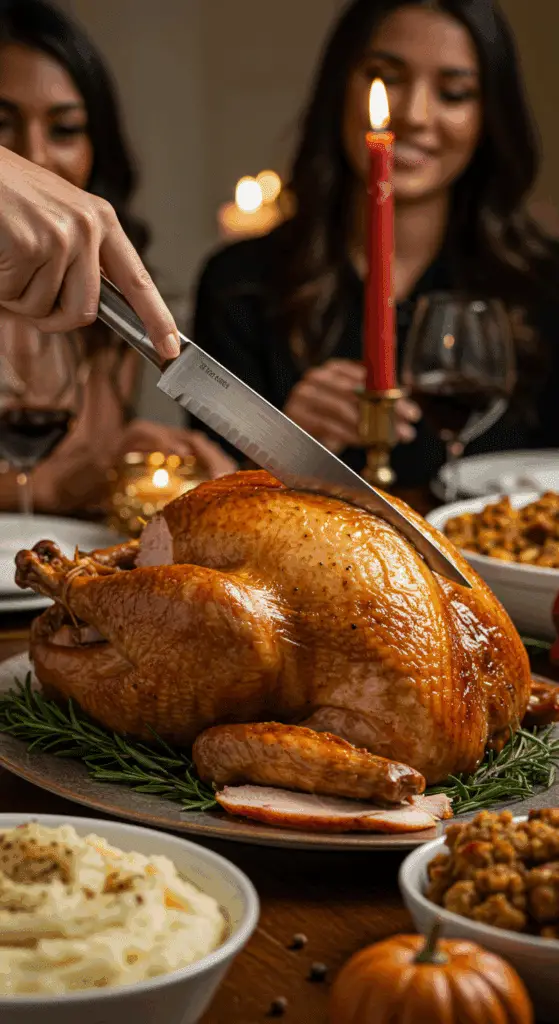 The whole, homemade, impressive, and golden-brown Roast Turkey being carved as the centerpiece at a fun and sophisticated Thanksgiving party.