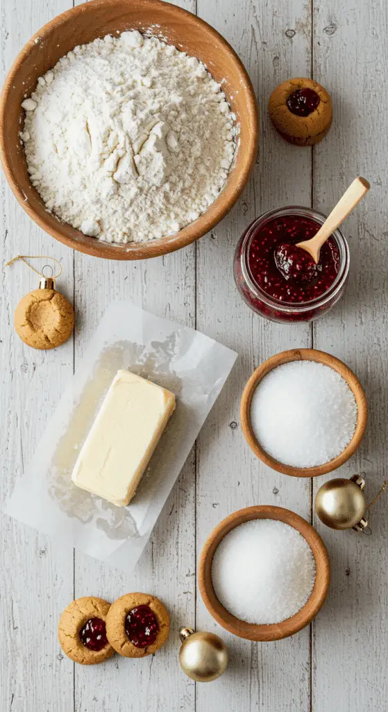 The simple, 4-ingredients for the classic and impressive Holiday Thumbprint Cookies.