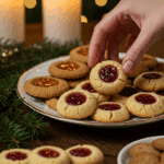 The impressive, homemade platter of beautiful and festive Thumbprint Cookies being served as the centerpiece on a cookie platter at a sophisticated Christmas party.