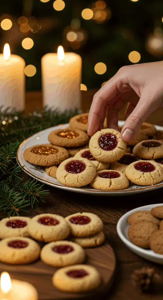 The impressive, homemade platter of beautiful and festive Thumbprint Cookies being served as the centerpiece on a cookie platter at a sophisticated Christmas party.