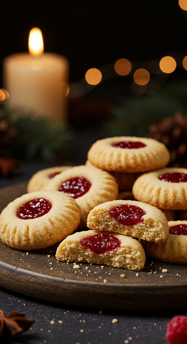 A beautiful, rustic platter of homemade, festive, and buttery Classic Thumbprint Cookies, with one broken in half to show the tender, crumbly interior.