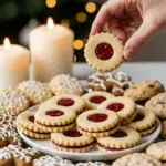 The impressive, homemade platter of beautiful and festive "Grandma's" Cranberry Linzer Cookies being served as the centerpiece on a cookie platter at a sophisticated Christmas party.