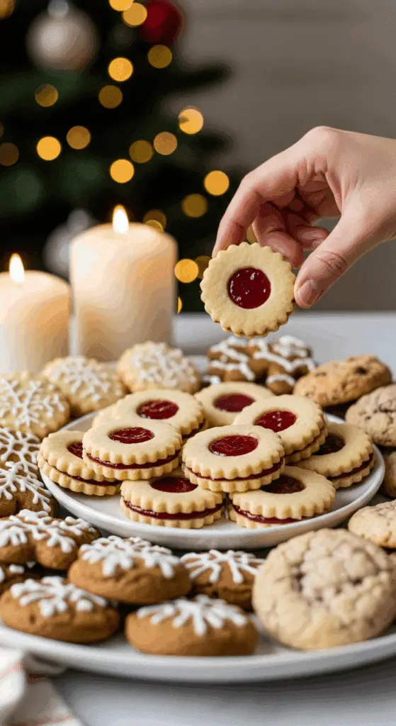 The impressive, homemade platter of beautiful and festive "Grandma's" Cranberry Linzer Cookies being served as the centerpiece on a cookie platter at a sophisticated Christmas party.