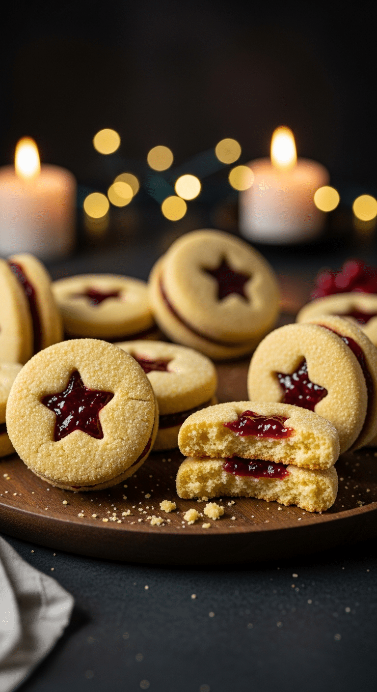 A beautiful, rustic platter of homemade, festive, and buttery Cranberry Linzer Cookies, with one broken in half to show the tender, cornmeal-crumbly interior and the red jam filling.