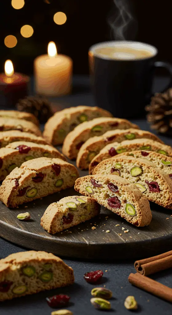 A beautiful, rustic platter of homemade, festive, and crispy Cranberry Pistachio Biscotti, studded with red cranberries and green pistachios.
