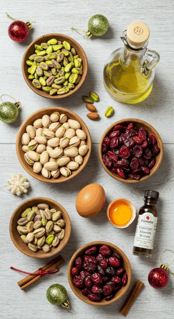 The simple, from-scratch ingredients for the easy and festive Cranberry Pistachio Biscotti.