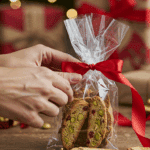 A pair of hands carefully arranging beautiful, colorful slices of a homemade Cranberry Pistachio Biscotti in a clear cellophane bag as a homemade Christmas gift.