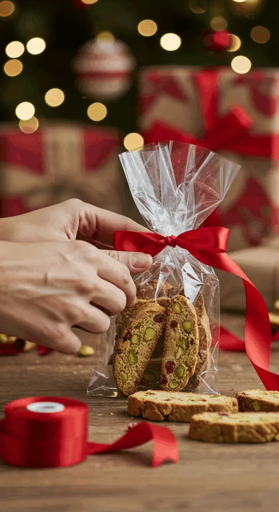 A pair of hands carefully arranging beautiful, colorful slices of a homemade Cranberry Pistachio Biscotti in a clear cellophane bag as a homemade Christmas gift.
