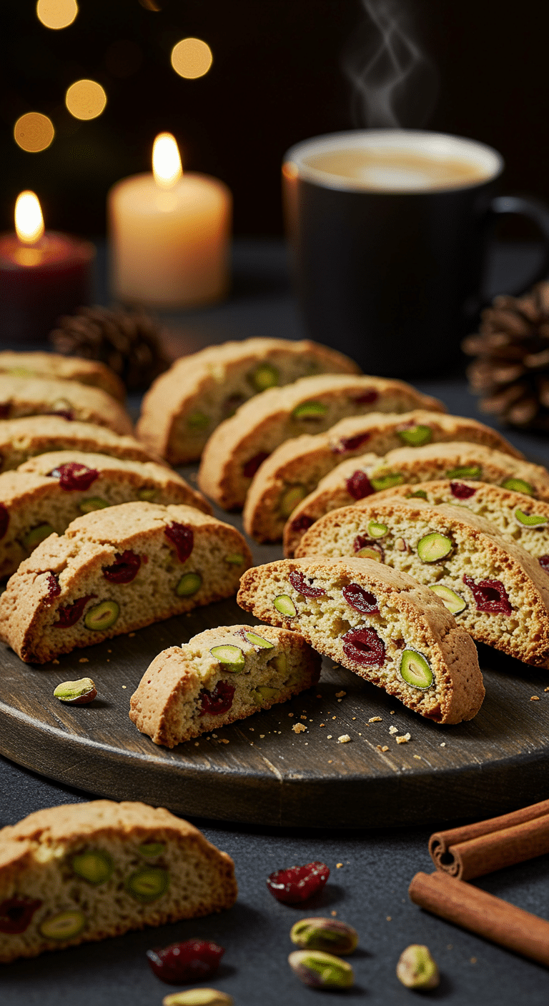 A beautiful, rustic platter of homemade, festive, and crispy Cranberry Pistachio Biscotti, studded with red cranberries and green pistachios.
