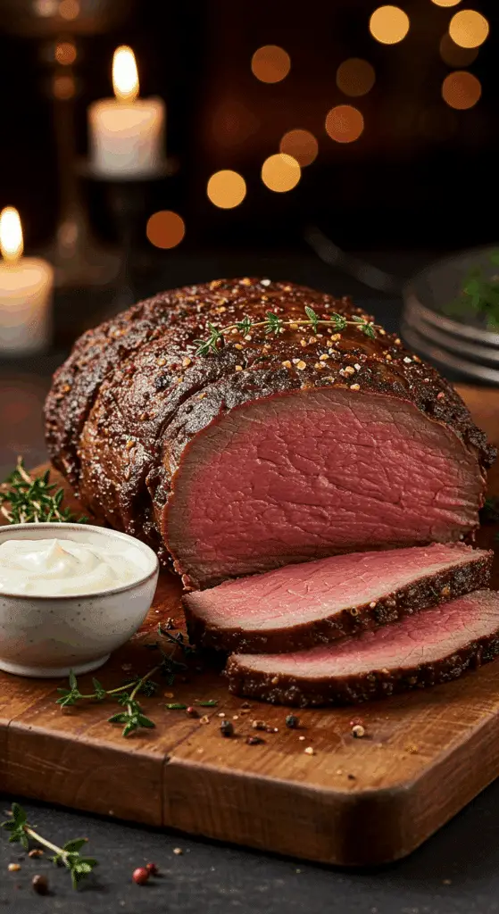 A beautiful, rustic cutting board with a homemade, juicy, and impressive Christmas Beef Tenderloin, with a crispy, dark crust and a perfect, rosy-pink, medium-rare interior.