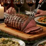 The whole, homemade, impressive, and crusted Beef Tenderloin being carved as the centerpiece at a fun and sophisticated Christmas party.
