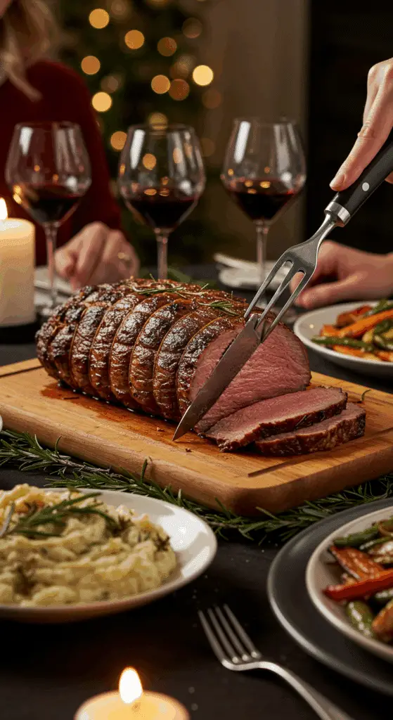 The whole, homemade, impressive, and crusted Beef Tenderloin being carved as the centerpiece at a fun and sophisticated Christmas party.