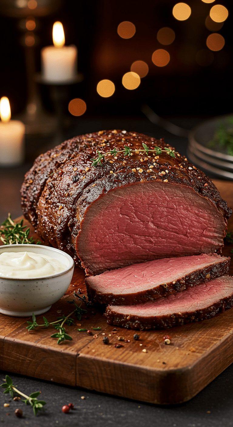 A beautiful, rustic cutting board with a homemade, juicy, and impressive Christmas Beef Tenderloin, with a crispy, dark crust and a perfect, rosy-pink, medium-rare interior.