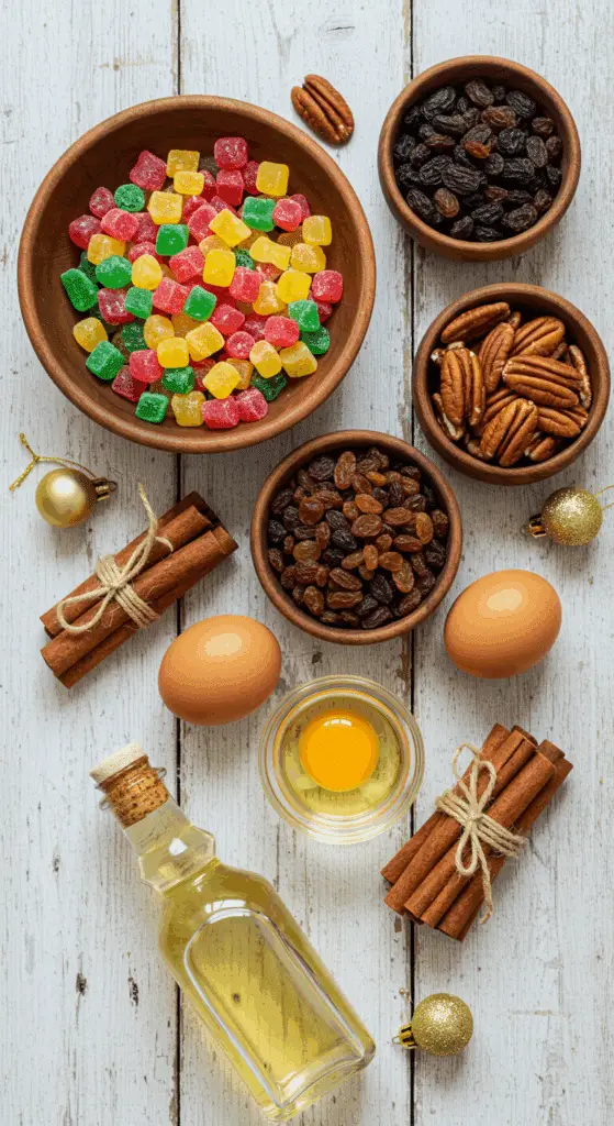 The simple, from-scratch ingredients for the classic and impressive Holiday Old-Fashioned Fruit Cake.