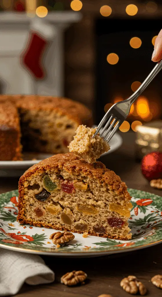 A beautiful plate with a homemade, festive, and moist slice of an Old-Fashioned Fruit Cake being served for a holiday dessert.