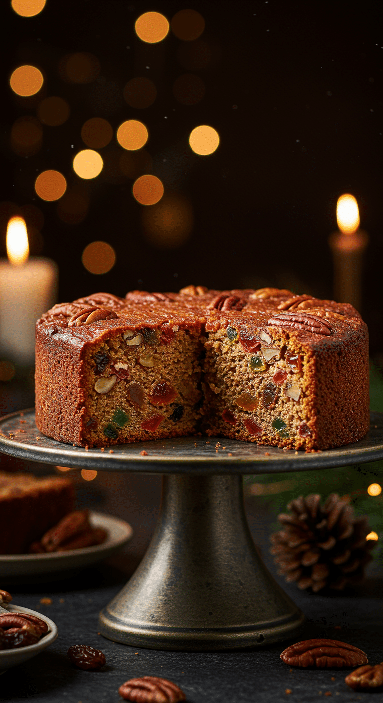 A beautiful, rustic platter with a homemade, festive, and moist slice of an Old-Fashioned Fruit Cake, packed with jewel-toned candied fruit and pecans.