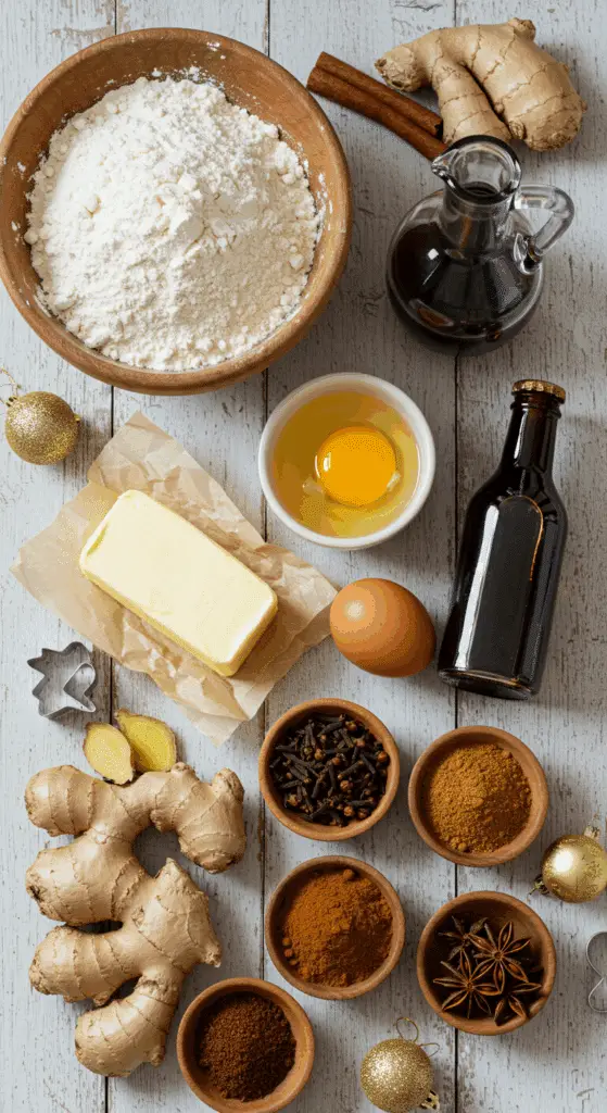 The simple, from-scratch ingredients for the classic and impressive Holiday "Grandma's" Gingerbread Cookies.