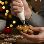 A pair of hands using a white piping bag to pipe intricate, white royal icing swirls onto a finished, cooled "gingerbread man" cookie.