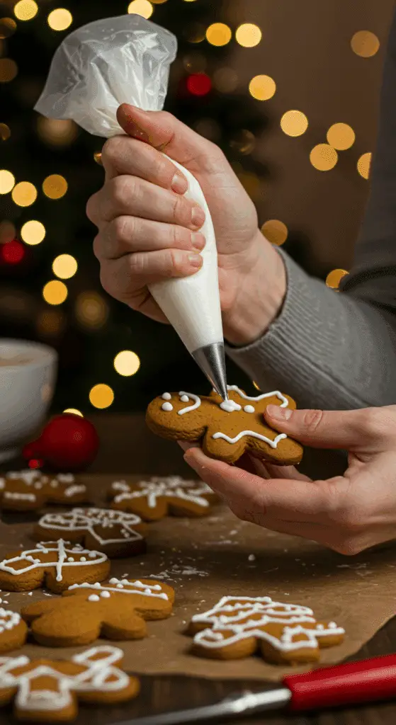 A pair of hands using a white piping bag to pipe intricate, white royal icing swirls onto a finished, cooled "gingerbread man" cookie.