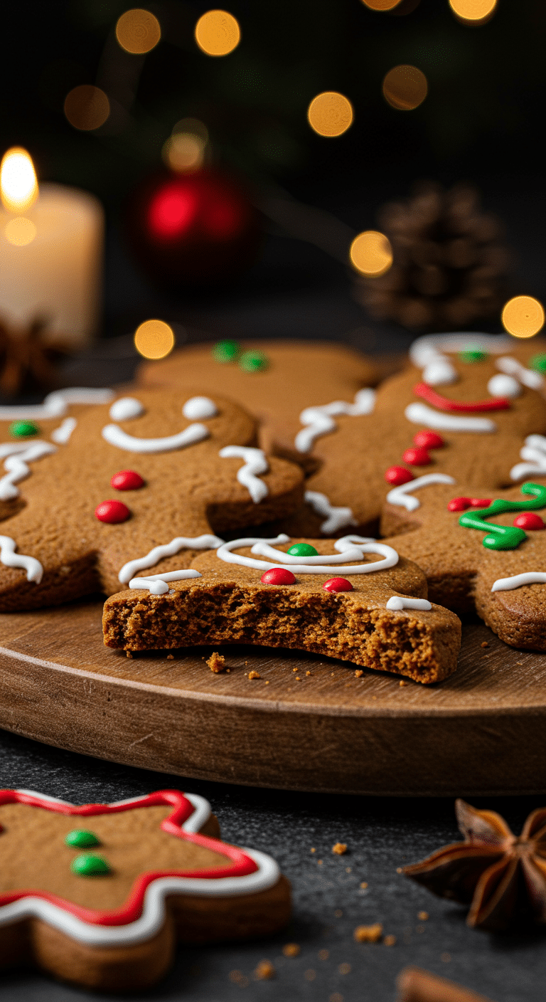 A beautiful, rustic platter of homemade, festive, and chewy "Grandma's" Gingerbread Cookies, with one broken in half to show the tender, chewy, dark interior.